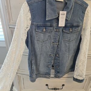 Chicos Platinum Jean Jacket With White Lace